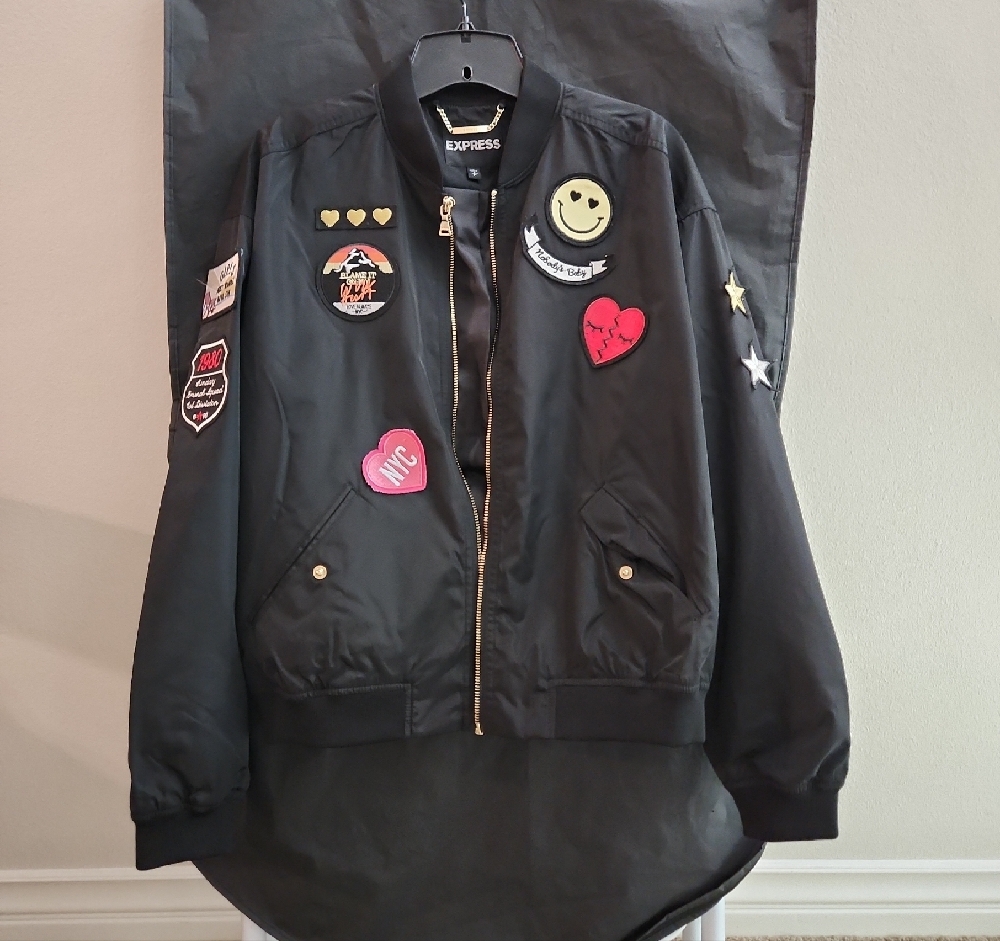 Express Black Bomber Jacket With Fun Patches - image 1